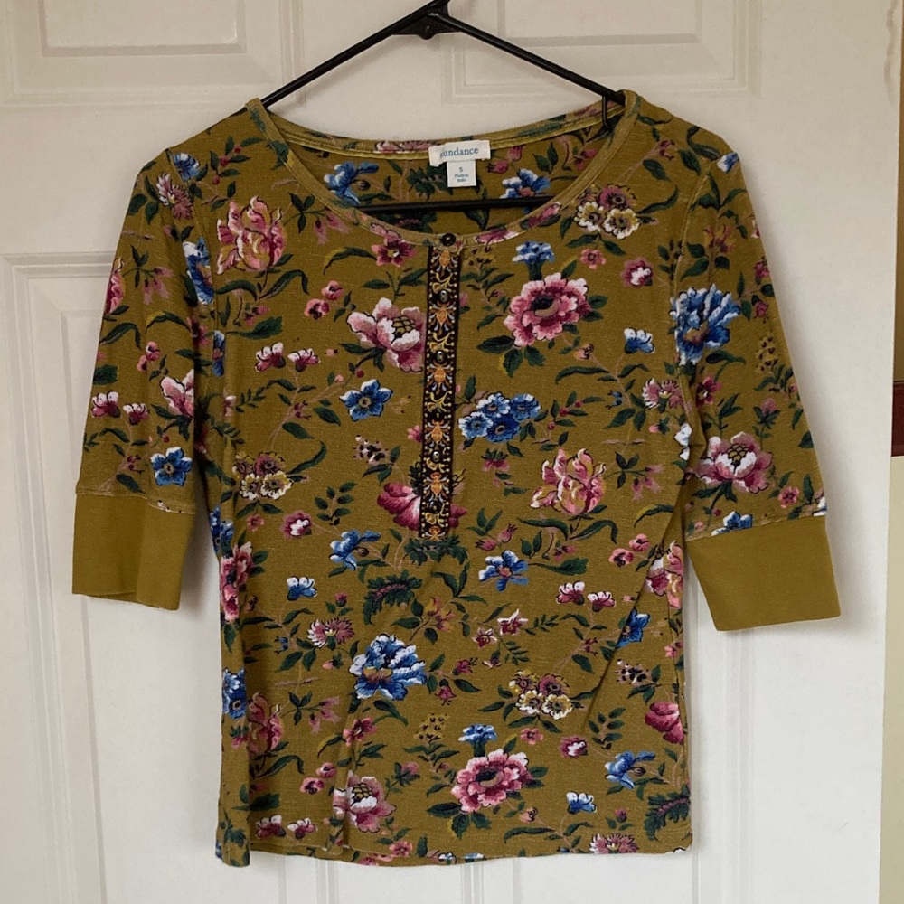 Sundance Floral 3/4 Sleeve Top - Mustard Multicolor